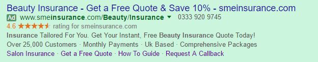 PPC Ad, Beauty Insurance Example Ad